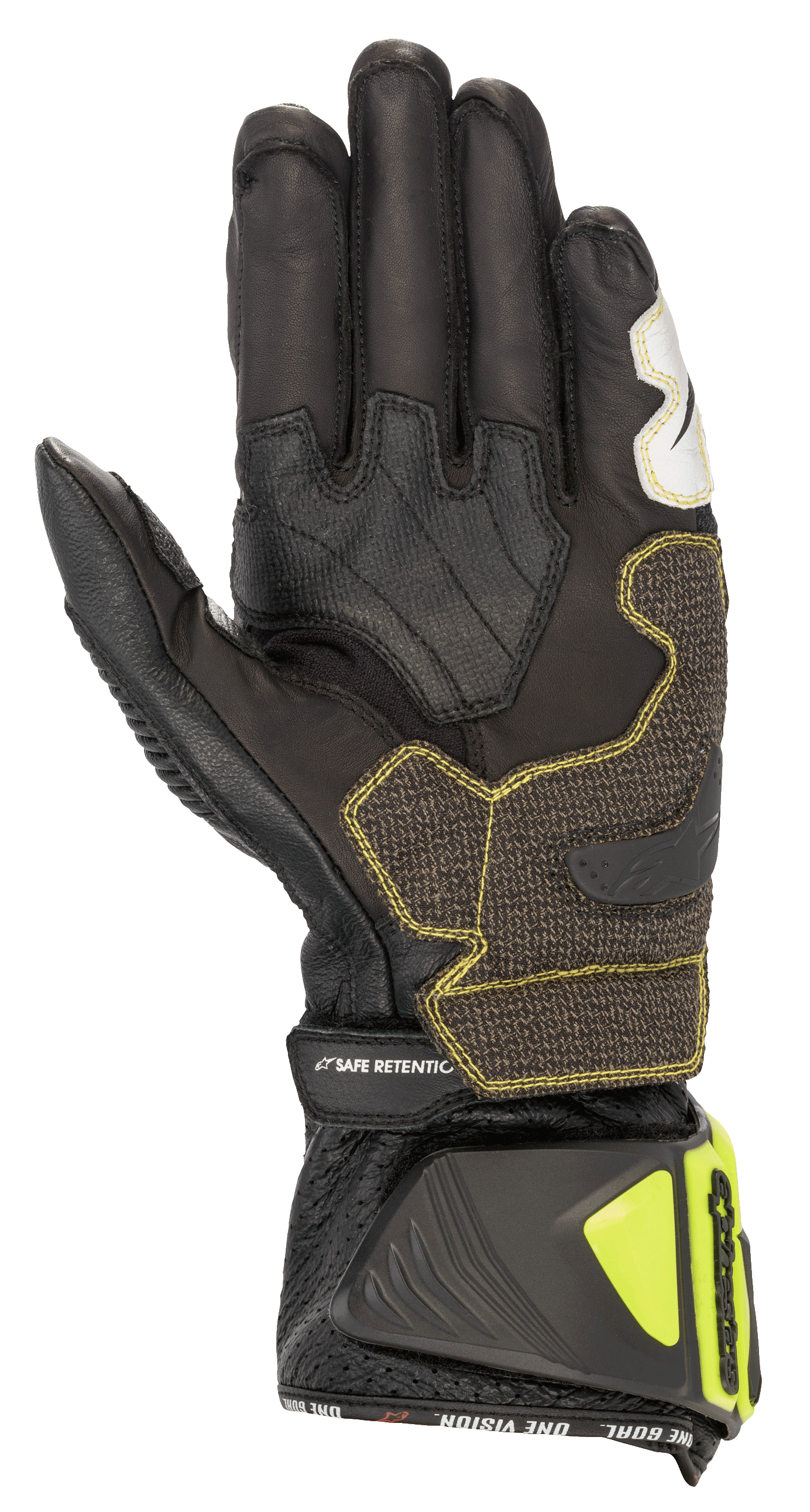 Guanti Alpinestars GP Tech V2, nero e giallo fluo, vista dal lato del palmo con costruzione in pelle di canguro, pannelli rinforzati con cuciture gialle, polsino ergonomico con protezioni giallo fluo e cinturino 'SAFE RETENTION', abbigliamento professionale da gara per motociclisti