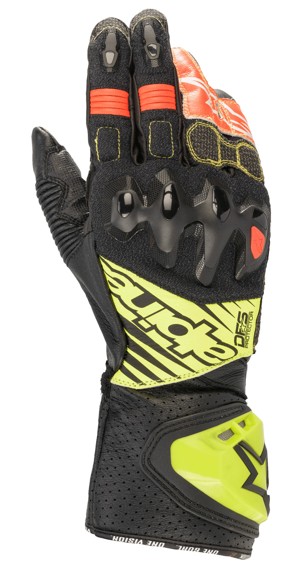 Guanti Alpinestars GP Tech V2, guanti da moto racing, nero con accenti giallo fluo e rossi, con protezione rigida per le nocche, polsino in pelle traforata con marchio DFS e pannelli elasticizzati a soffietto per una flessibilità ottimale.