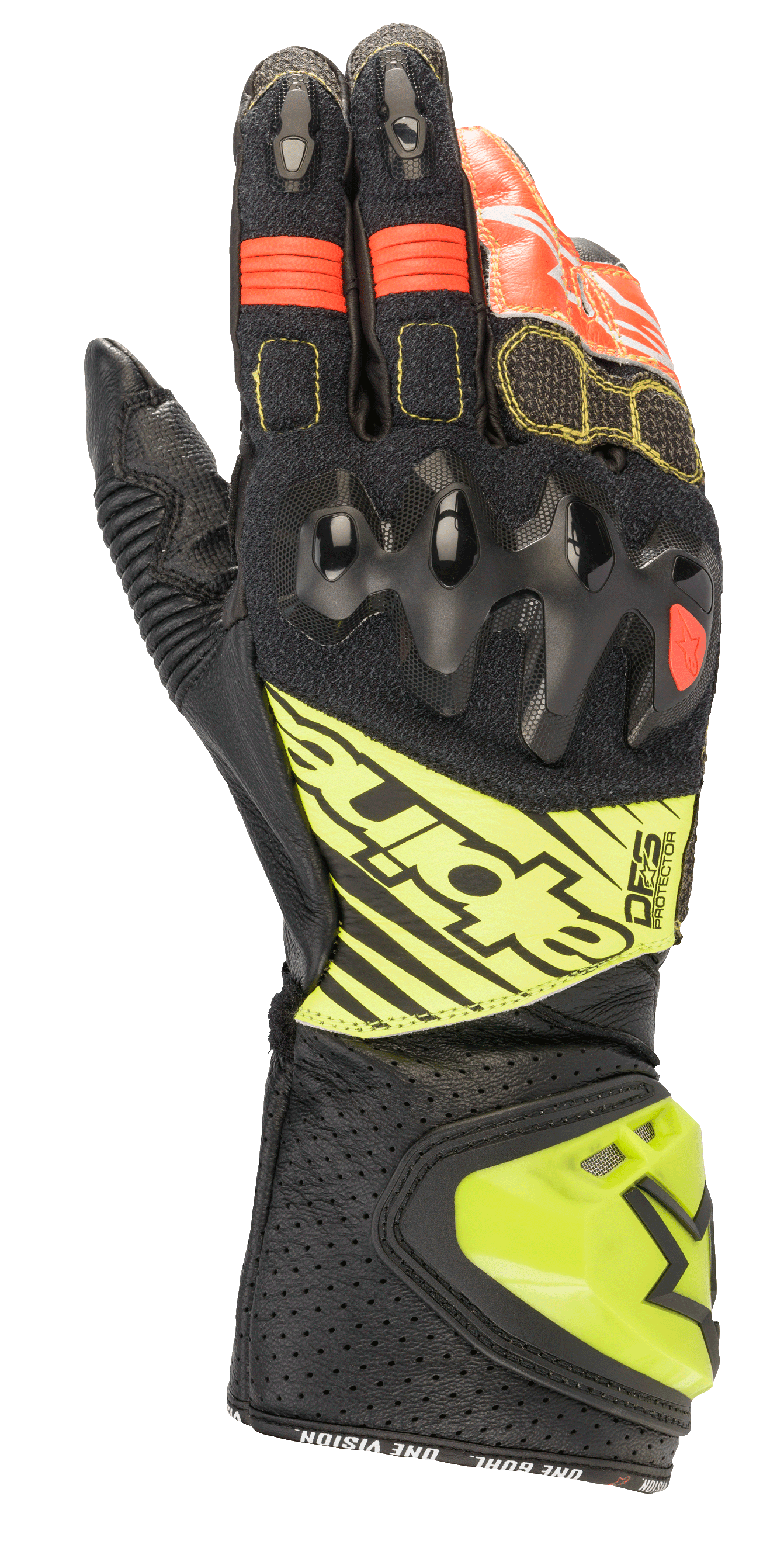 Guanti Alpinestars GP Tech V2, guanti da moto racing, nero con accenti giallo fluo e rossi, con protezione rigida per le nocche, polsino in pelle traforata con marchio DFS e pannelli elasticizzati a soffietto per una flessibilità ottimale.