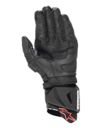 Guanti Alpinestars GP Pro R4, guanti racing a polsino lungo, nero, vista del palmo che mostra la costruzione in pelle rinforzata, dettagli traforati sulle dita e protezione del polsino DFS con linguetta con logo a stella rosso