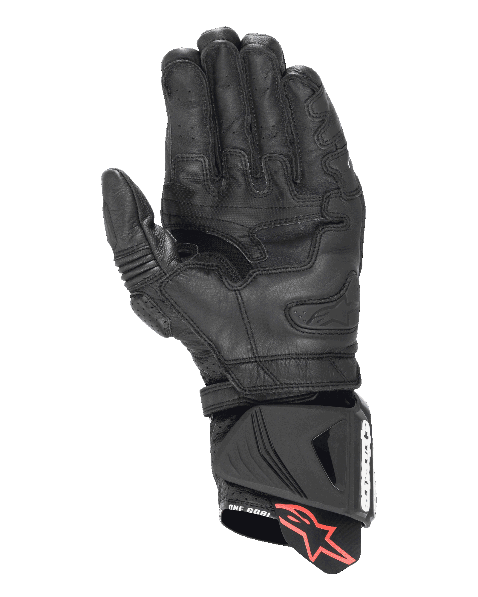 Guanti Alpinestars GP Pro R4, guanti racing a polsino lungo, nero, vista del palmo che mostra la costruzione in pelle rinforzata, dettagli traforati sulle dita e protezione del polsino DFS con linguetta con logo a stella rosso