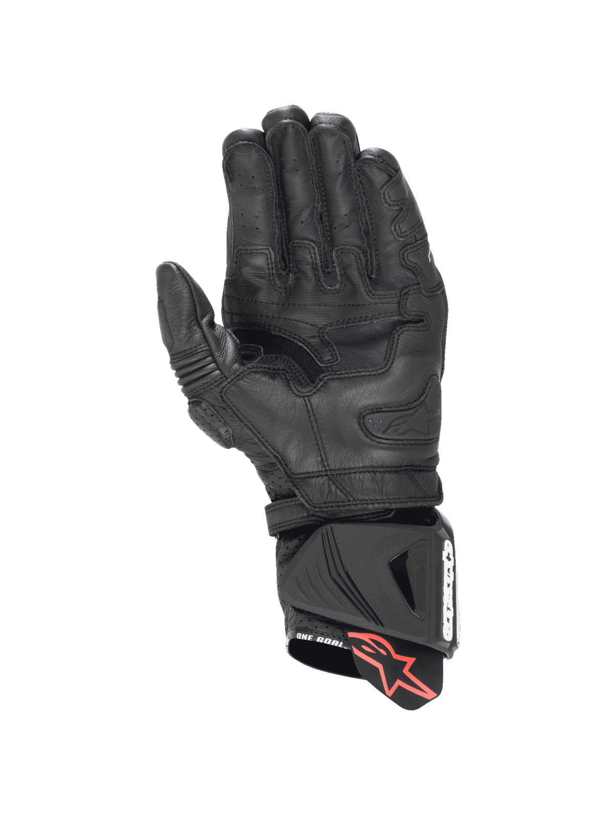 Guanti Alpinestars GP Pro R4, guanti da moto racing neri con logo rosso, palmo in pelle di canguro e slider DFS sul polsino, protezione professionale in pelle certificata CE