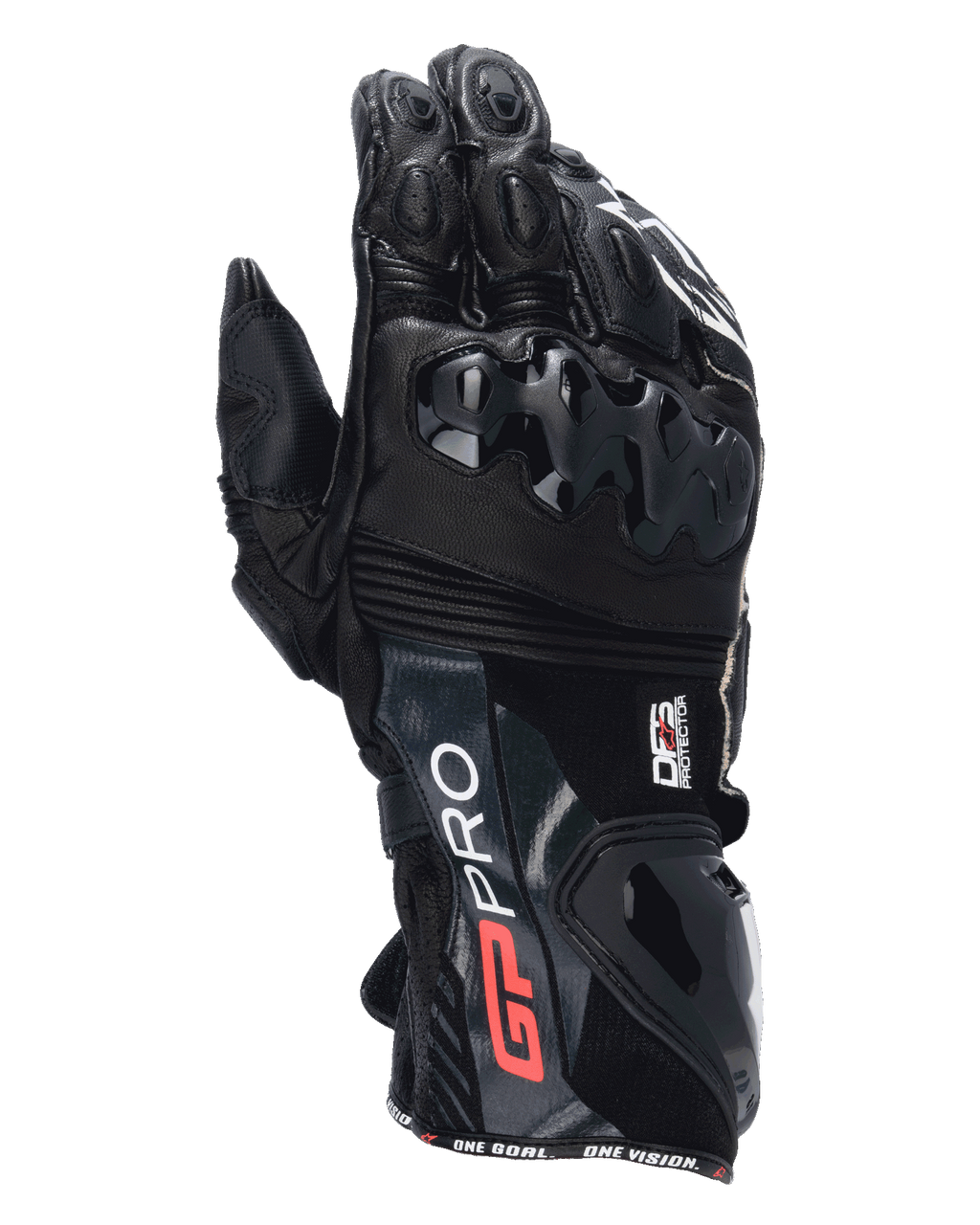 Alpinestars GP Pro R4 Gloves, guanti da moto racing neri, con protezioni DFS per nocche e polsini, struttura in pelle premium con branding rosso e bianco, protezione per la pista ad alte prestazioni