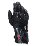 Alpinestars GP Pro R4 Gloves, guanti da moto racing neri, con protezioni DFS per nocche e polsini, struttura in pelle premium con branding rosso e bianco, protezione per la pista ad alte prestazioni