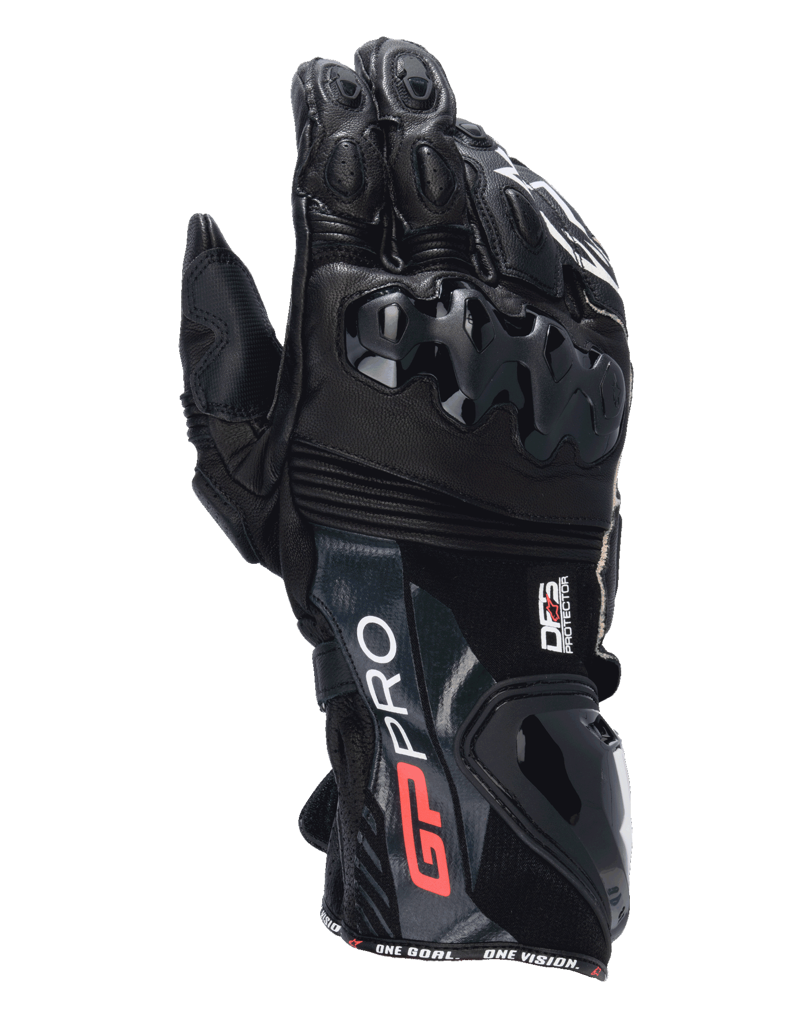 Alpinestars GP Pro R4 Gloves, guanti da moto racing neri, con protezioni DFS per nocche e polsini, struttura in pelle premium con branding rosso e bianco, protezione per la pista ad alte prestazioni