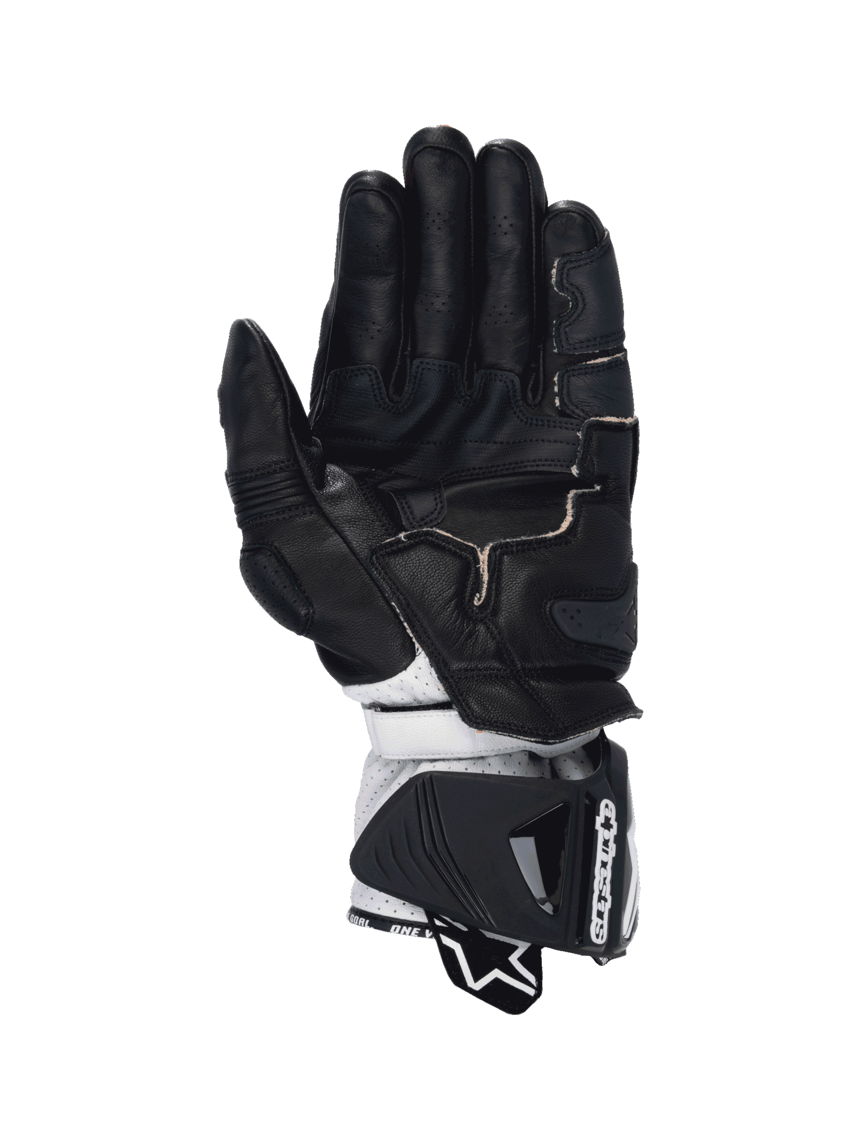 Alpinestars Guanti GP Pro R4, guanti da moto racing da uomo, neri e bianchi, vista palmo in pelle di canguro e protezione DFS