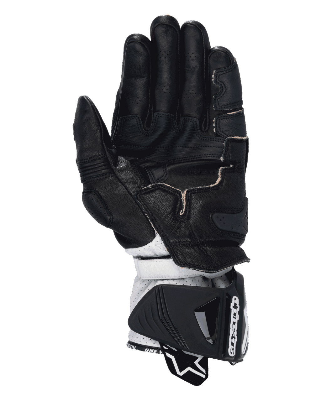 Alpinestars Guanti GP Pro R4, guanti da moto racing, nero rosso fluo bianco, vista del palmo con costruzione in pelle nera e dita traforate, rinforzi per il grip e sezione del polso in pelle bianca con ampio polsino protettivo