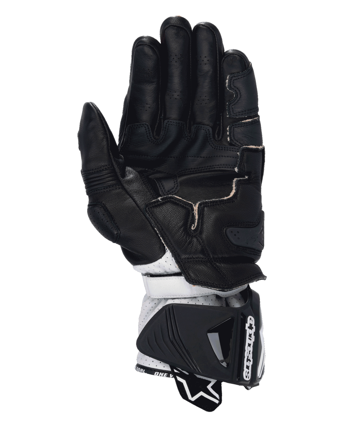 Alpinestars Guanti GP Pro R4, guanti da moto racing, nero rosso fluo bianco, vista del palmo con costruzione in pelle nera e dita traforate, rinforzi per il grip e sezione del polso in pelle bianca con ampio polsino protettivo
