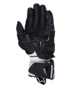 Alpinestars Guanti GP Pro R4, guanti da moto racing, nero rosso fluo bianco, vista del palmo con costruzione in pelle nera e dita traforate, rinforzi per il grip e sezione del polso in pelle bianca con ampio polsino protettivo