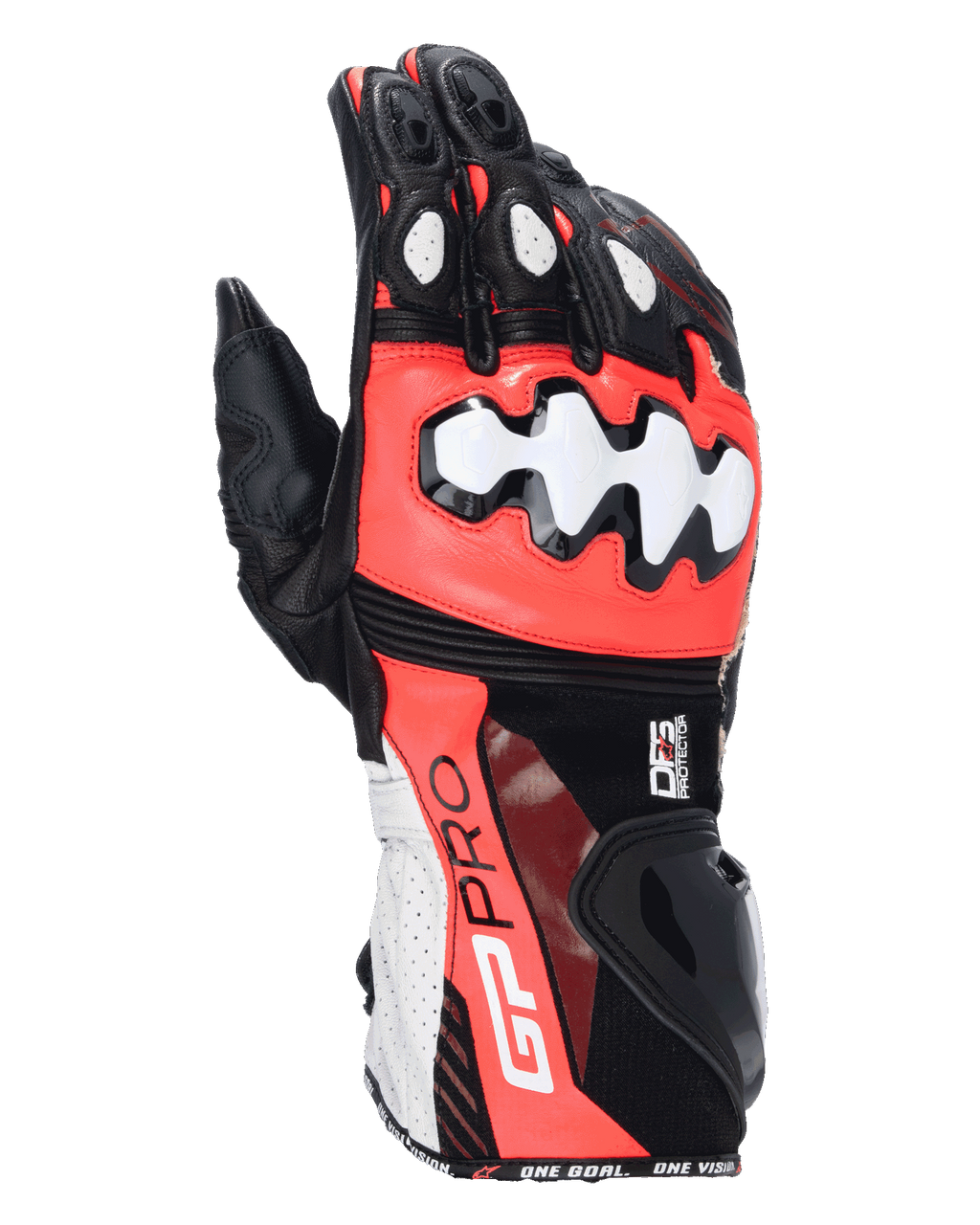 Guanti Alpinestars GP Pro R4, guanti da moto racing, nero, rosso fluo e bianco, con protezioni per nocche e polsini DFS, struttura in pelle traforata, marchio GP Pro sul polsino, equipaggiamento racing ad alte prestazioni