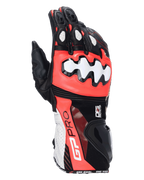 Guanti Alpinestars GP Pro R4, guanti da moto racing, nero, rosso fluo e bianco, con protezioni per nocche e polsini DFS, struttura in pelle traforata, marchio GP Pro sul polsino, equipaggiamento racing ad alte prestazioni