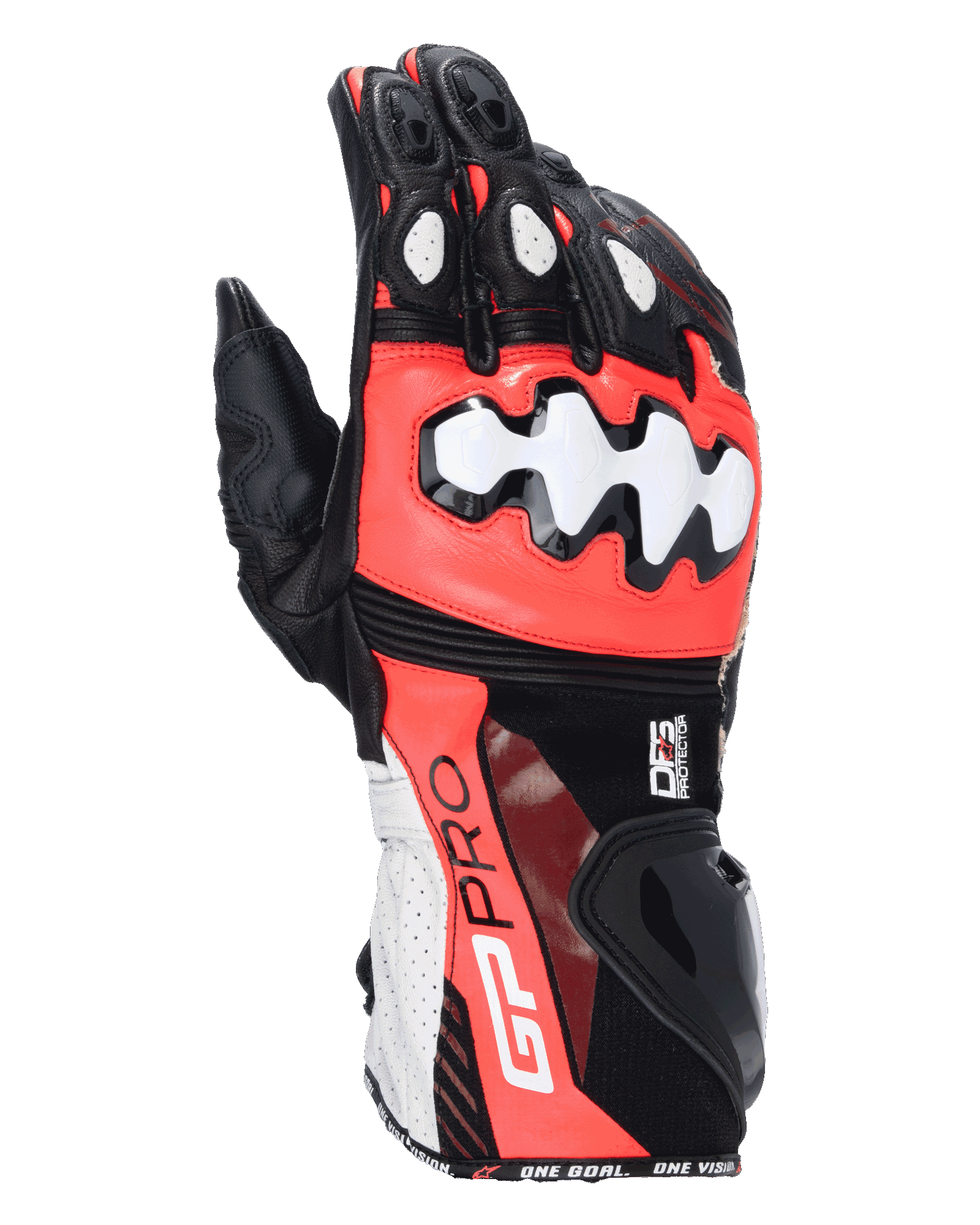 Guanti Alpinestars GP Pro R4, guanti da moto racing, nero, rosso fluo e bianco, con protezioni per nocche e polsini DFS, struttura in pelle traforata, marchio GP Pro sul polsino, equipaggiamento racing ad alte prestazioni