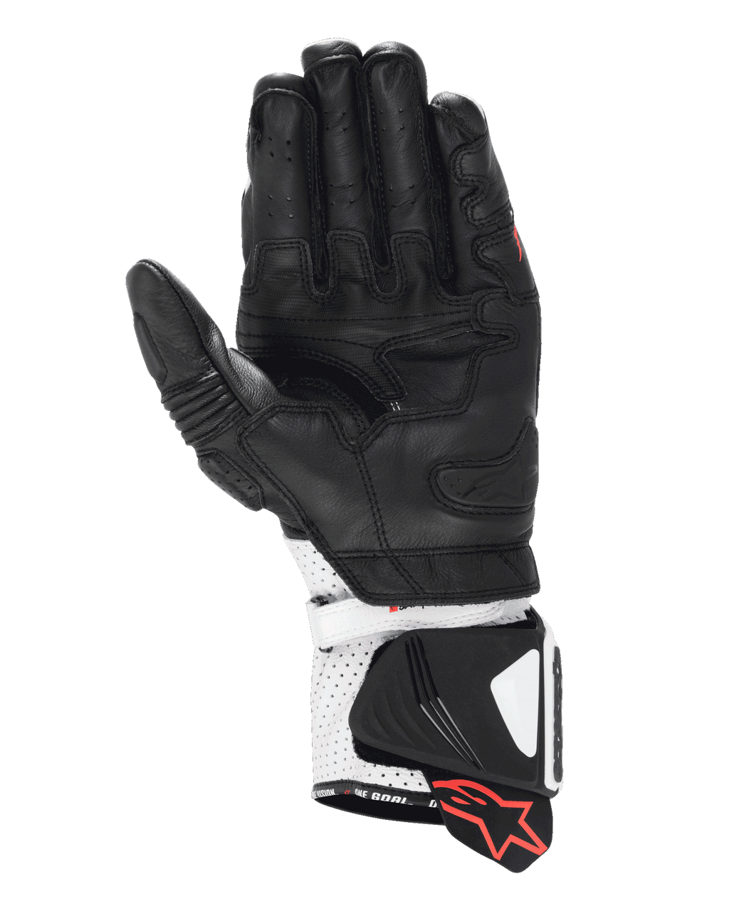 Alpinestars guanti GP Pro R4, guanti racing, nero e bianco, vista lato palmo con struttura in pelle ad alte prestazioni, polsino traforato con slider rigidi e dettagli del logo in rosso.