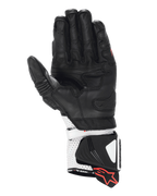 Alpinestars guanti GP Pro R4, guanti racing, nero e bianco, vista lato palmo con struttura in pelle ad alte prestazioni, polsino traforato con slider rigidi e dettagli del logo in rosso.