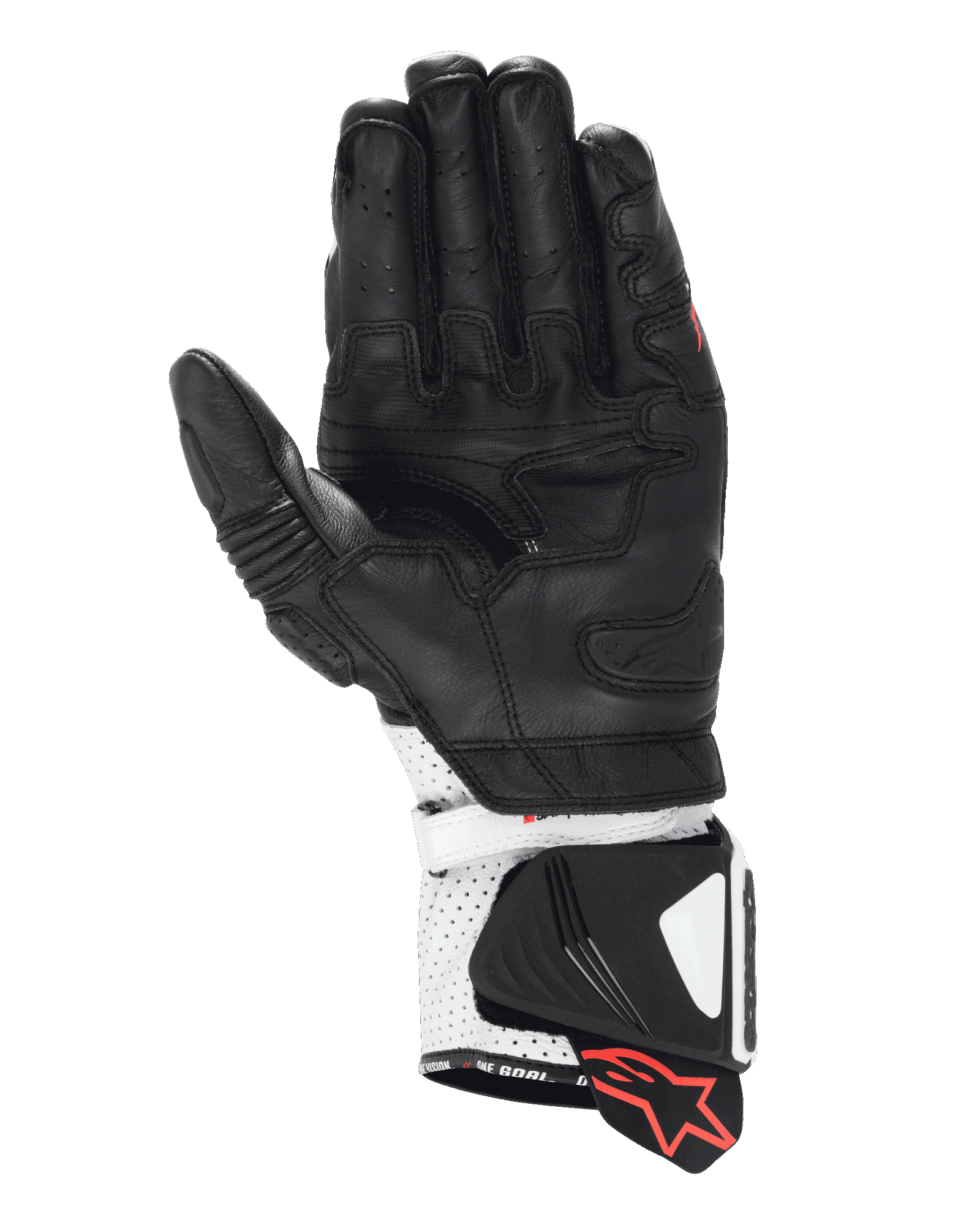 Alpinestars guanti GP Pro R4, guanti racing, nero e bianco, vista lato palmo con struttura in pelle ad alte prestazioni, polsino traforato con slider rigidi e dettagli del logo in rosso.