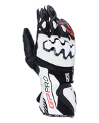 Alpinestars GP Pro R4, guanti da moto racing, nero, bianco e rosso, con protezioni per le nocche DFS bianche, costruzione in pelle di alta qualità e design da pista ad alte prestazioni.