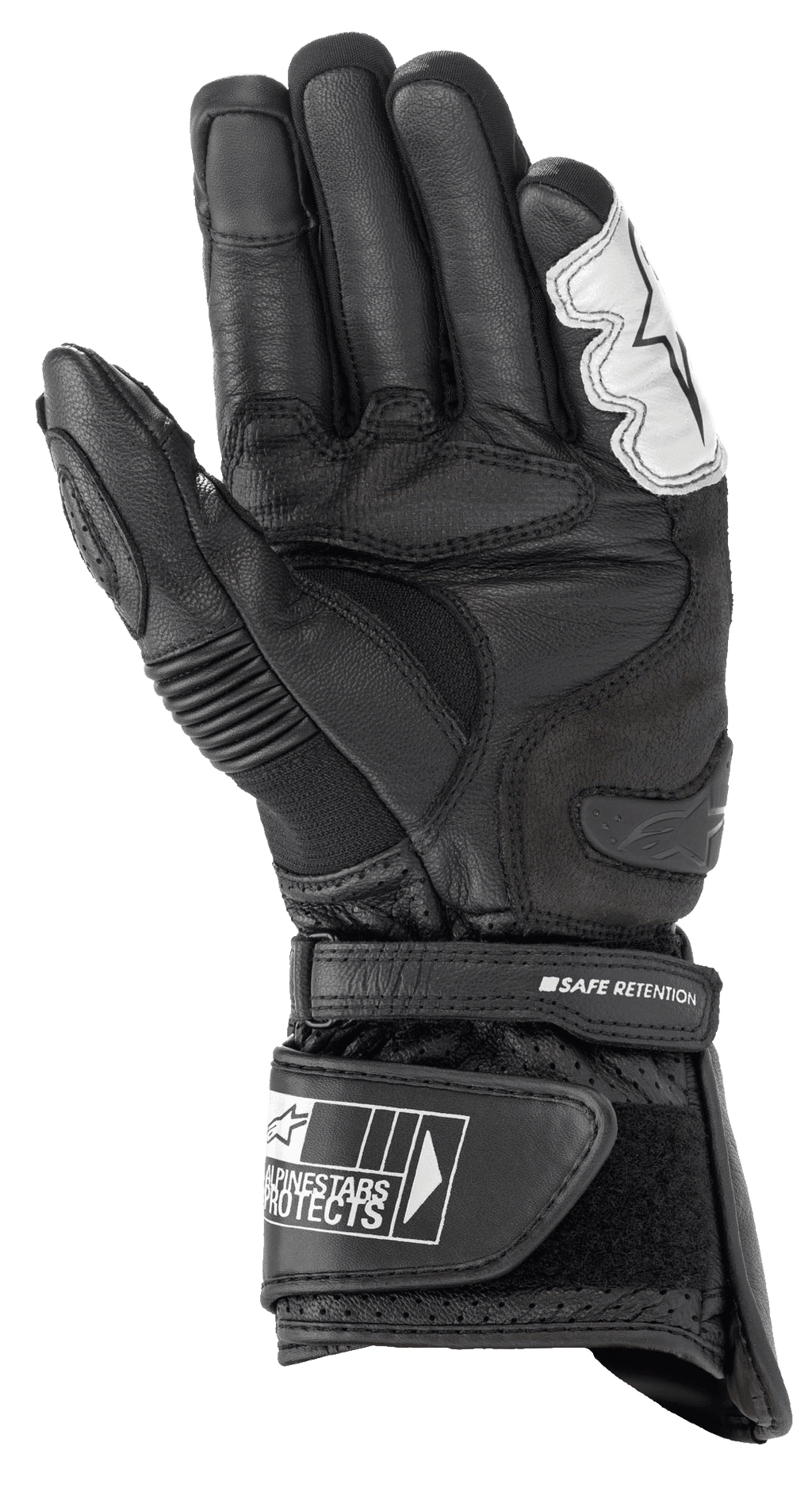 Guanti Alpinestars SP-2 V3, guanti da moto stradali, nero e bianco, vista del palmo con struttura in pelle pieno fiore, slider sul palmo in TPU, polsino regolabile con cinturino Safe Retention e branding Alpinestars