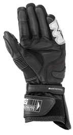 Guanti Alpinestars SP-2 V3, guanti da moto stradali, nero e bianco, vista del palmo con struttura in pelle pieno fiore, slider sul palmo in TPU, polsino regolabile con cinturino Safe Retention e branding Alpinestars