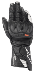 Guanti Alpinestars SP-2 V3, guanti da moto racing, nero e bianco, caratterizzati da protezioni rigide in TPU sulle nocche, pelle traforata per la ventilazione, polsino lungo con logo a stella bianco e marchio SP Series
