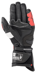 Guanti Alpinestars SP-2 V3, nero, bianco e rosso brillante, vista del palmo con costruzione in pelle rinforzata, slider in TPU sul palmo, pannello a fisarmonica bianco e cinturino di sicurezza sul polso con logo