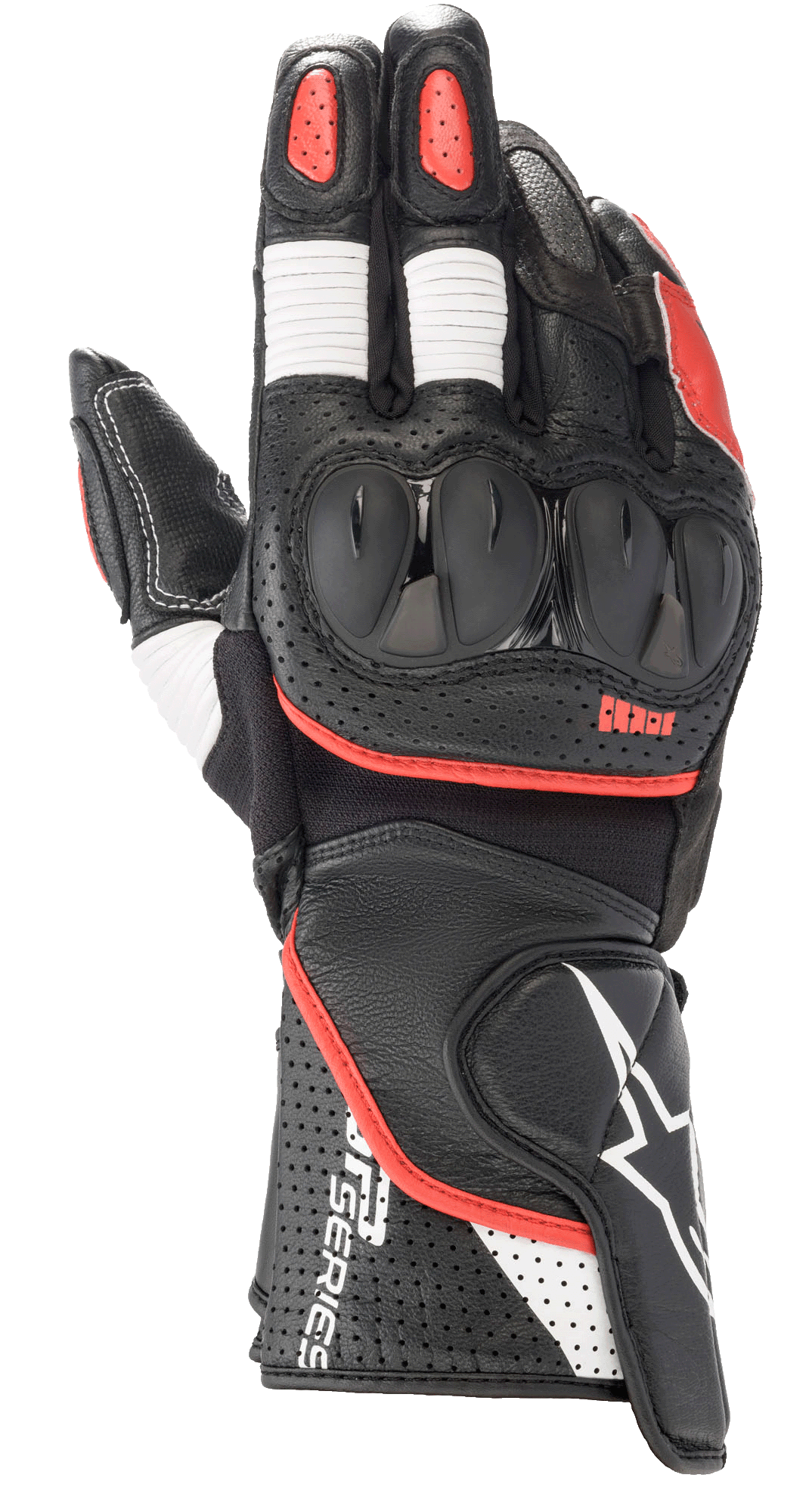 Guanti Alpinestars SP-2 V3, guanti da moto racing, nero con accenti bianchi e rosso acceso, protezione nocche rigida in TPU, struttura in pelle traforata sul polsino, inserti elastici a fisarmonica bianchi sulle dita, logo GP Series in evidenza