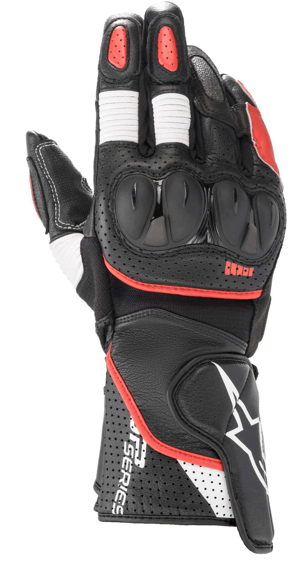 Guanti Alpinestars SP-2 V3, guanti da moto racing, nero con accenti bianchi e rosso acceso, protezione nocche rigida in TPU, struttura in pelle traforata sul polsino, inserti elastici a fisarmonica bianchi sulle dita, logo GP Series in evidenza