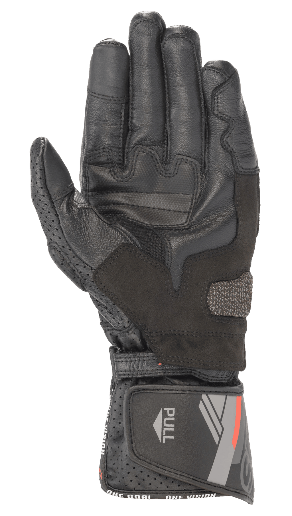 Alpinestars SP-8 V3 Leather Glove, nero, vista del palmo con pannelli di rinforzo per il grip e pollice traforato, polsino regolabile con grafiche rosse e grigie e linguetta 'PULL', abbigliamento sportivo da moto