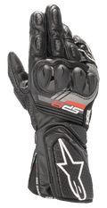 Guanti in pelle Alpinestars SP-8 V3, guanti da moto racing neri, con protezione nocche a doppia densità, branding 'SP-8' rosso e grigio, logo stella bianco sul polsino traforato, imbottitura rinforzata sulle dita e costruzione in pelle pieno fiore per guida sportiva.