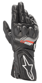 Guanti in pelle Alpinestars SP-8 V3, guanti da moto racing neri, con protezione nocche a doppia densità, branding 'SP-8' rosso e grigio, logo stella bianco sul polsino traforato, imbottitura rinforzata sulle dita e costruzione in pelle pieno fiore per guida sportiva.