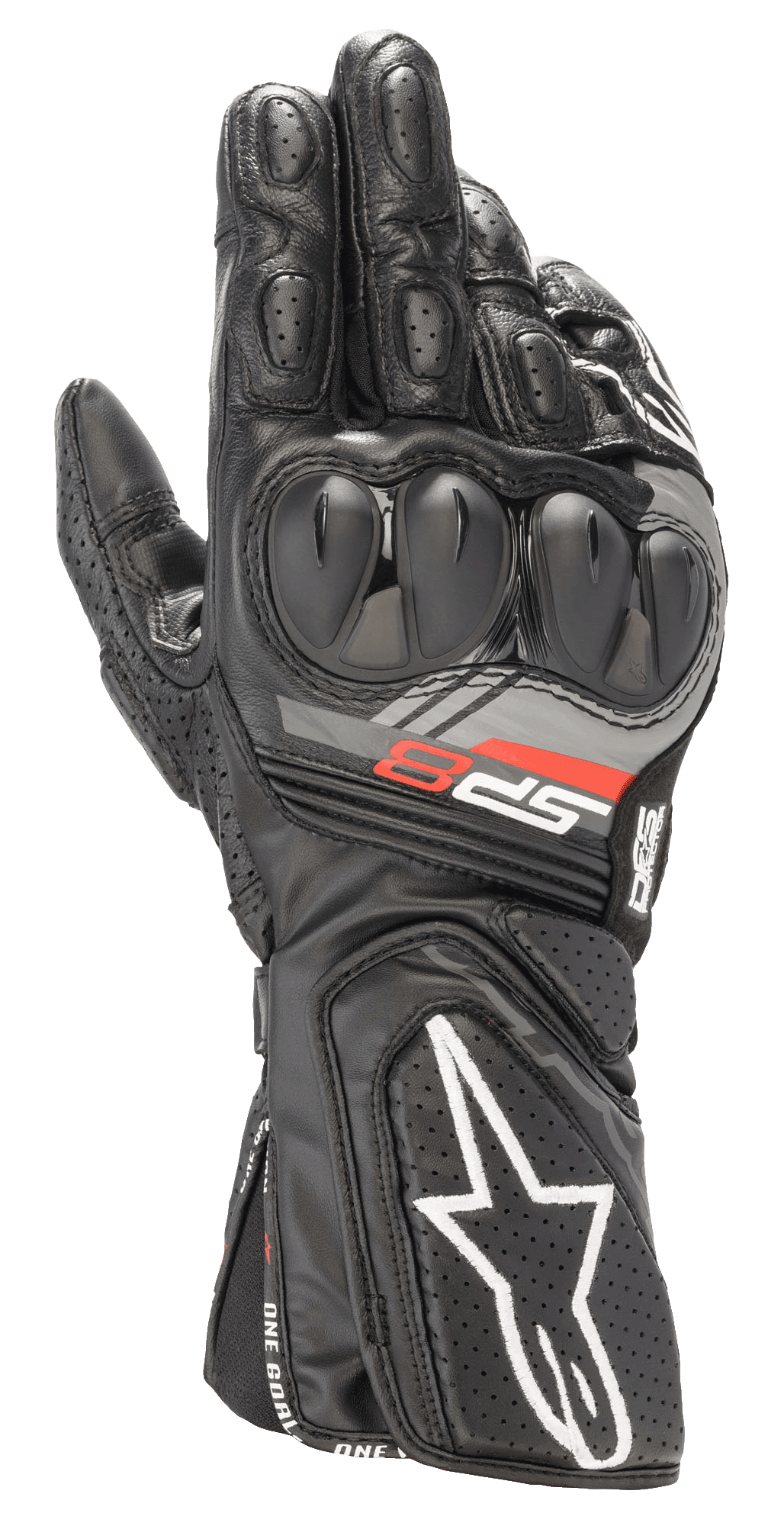 Guanti in pelle Alpinestars SP-8 V3, guanti da moto racing neri, con protezione nocche a doppia densità, branding 'SP-8' rosso e grigio, logo stella bianco sul polsino traforato, imbottitura rinforzata sulle dita e costruzione in pelle pieno fiore per guida sportiva.