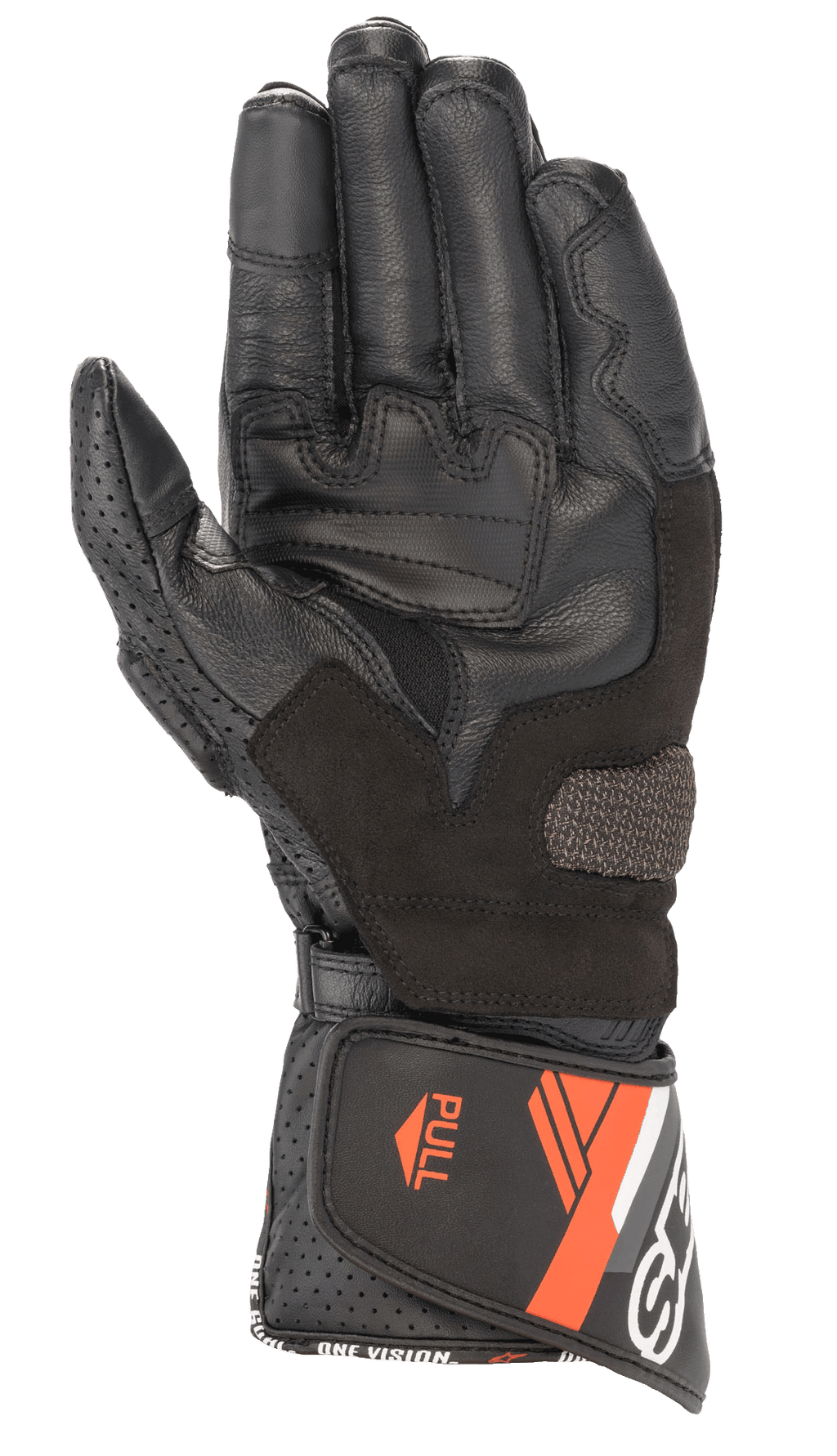 Guanto in pelle Alpinestars SP-8 V3, guanto da moto, nero e rosso fluo, vista del palmo con pannelli di rinforzo per il grip, pollice in pelle traforata e polsino regolabile con dettagli arancioni e scritta "ONE GOAL ONE VISION"