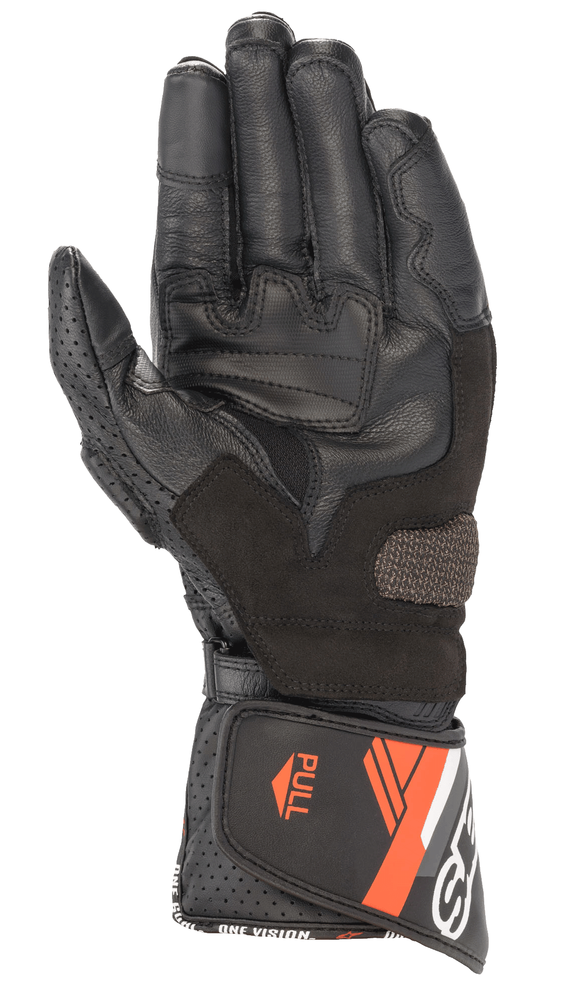 Guanto in pelle Alpinestars SP-8 V3, guanto da moto, nero e rosso fluo, vista del palmo con pannelli di rinforzo per il grip, pollice in pelle traforata e polsino regolabile con dettagli arancioni e scritta "ONE GOAL ONE VISION"