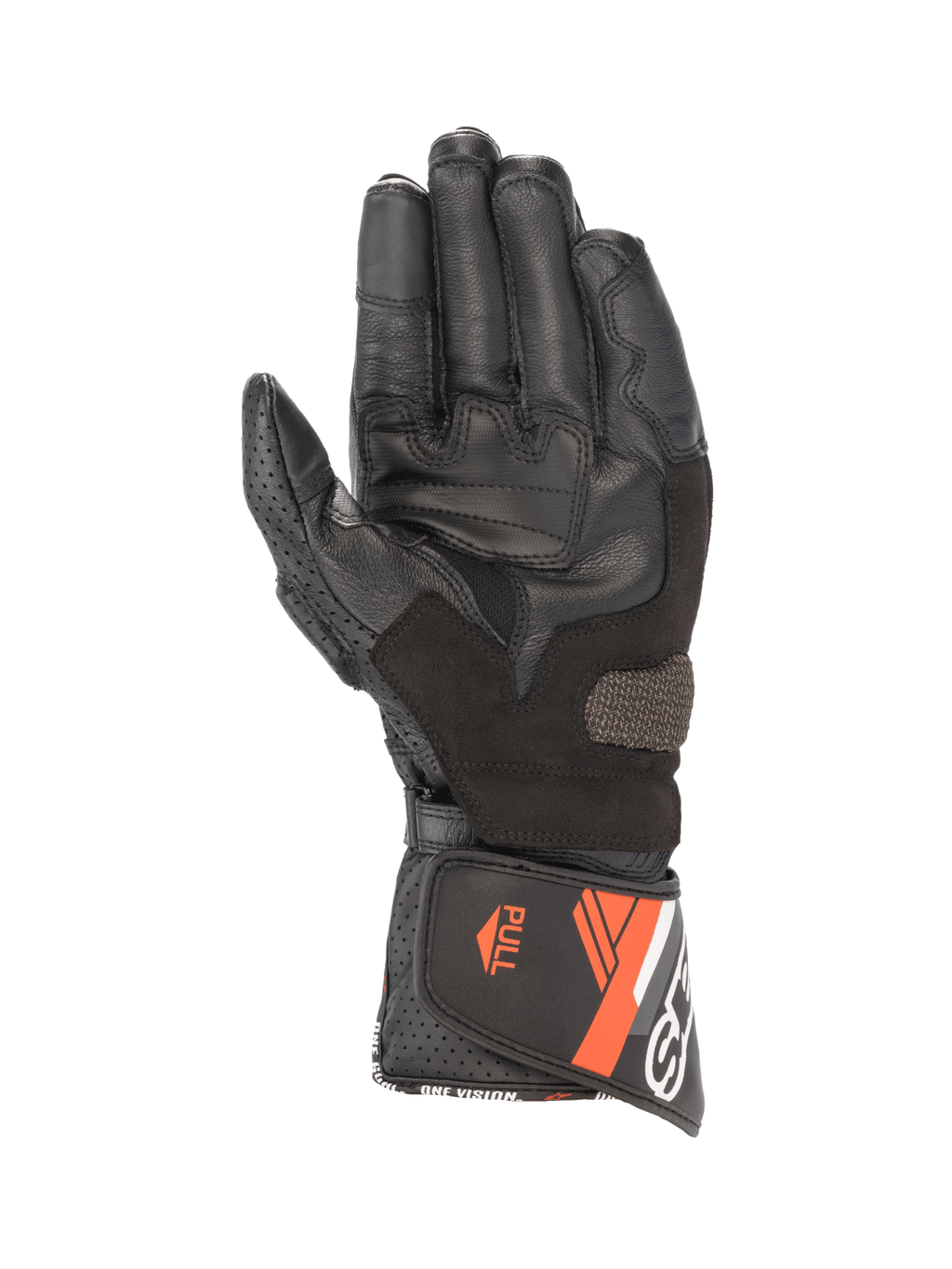 Alpinestars guanti SP-8 V3, guanti da moto da uomo in pelle, neri e rossi fluo, vista del palmo con inserti grip e chiusura del polsino a strappo.