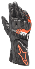 Guanti Alpinestars SP-8 V3, guanti racing in pelle da moto, nero e rosso fluo, con protezione nocche rinforzata a doppia densità, pannelli in pelle traforata e marchio SP-8, design sportivo performante