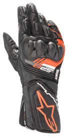 Guanti Alpinestars SP-8 V3, guanti racing in pelle da moto, nero e rosso fluo, con protezione nocche rinforzata a doppia densità, pannelli in pelle traforata e marchio SP-8, design sportivo performante