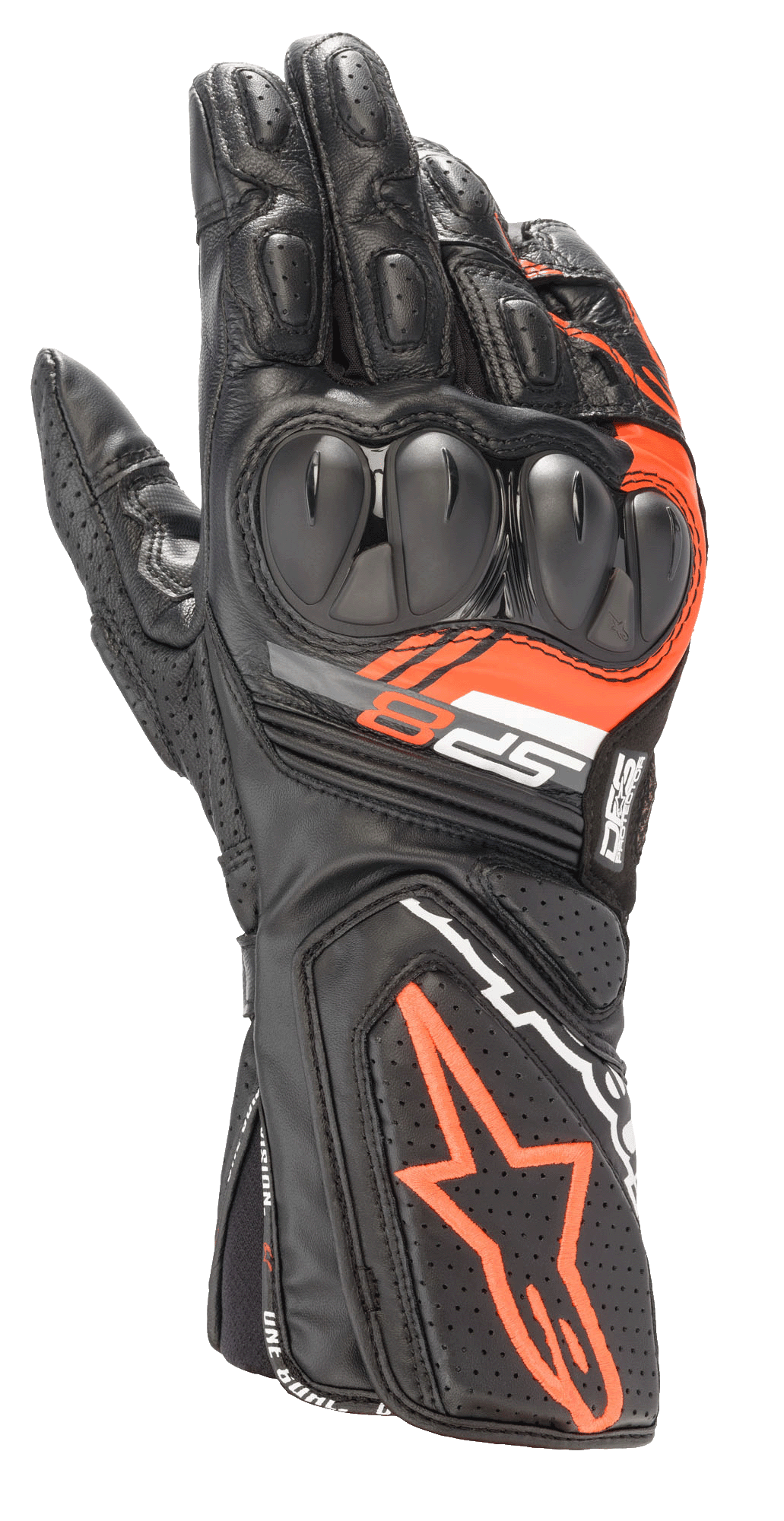 Guanti Alpinestars SP-8 V3, guanti racing in pelle da moto, nero e rosso fluo, con protezione nocche rinforzata a doppia densità, pannelli in pelle traforata e marchio SP-8, design sportivo performante