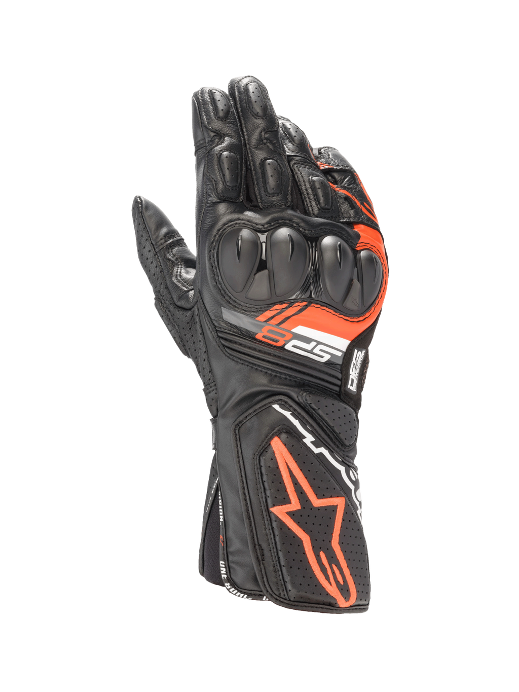 Alpinestars Guanti SP-8 V3, guanti da moto racing da uomo, neri e rosso fluo, in pelle con protezione nocche a doppia densità, certificati CE