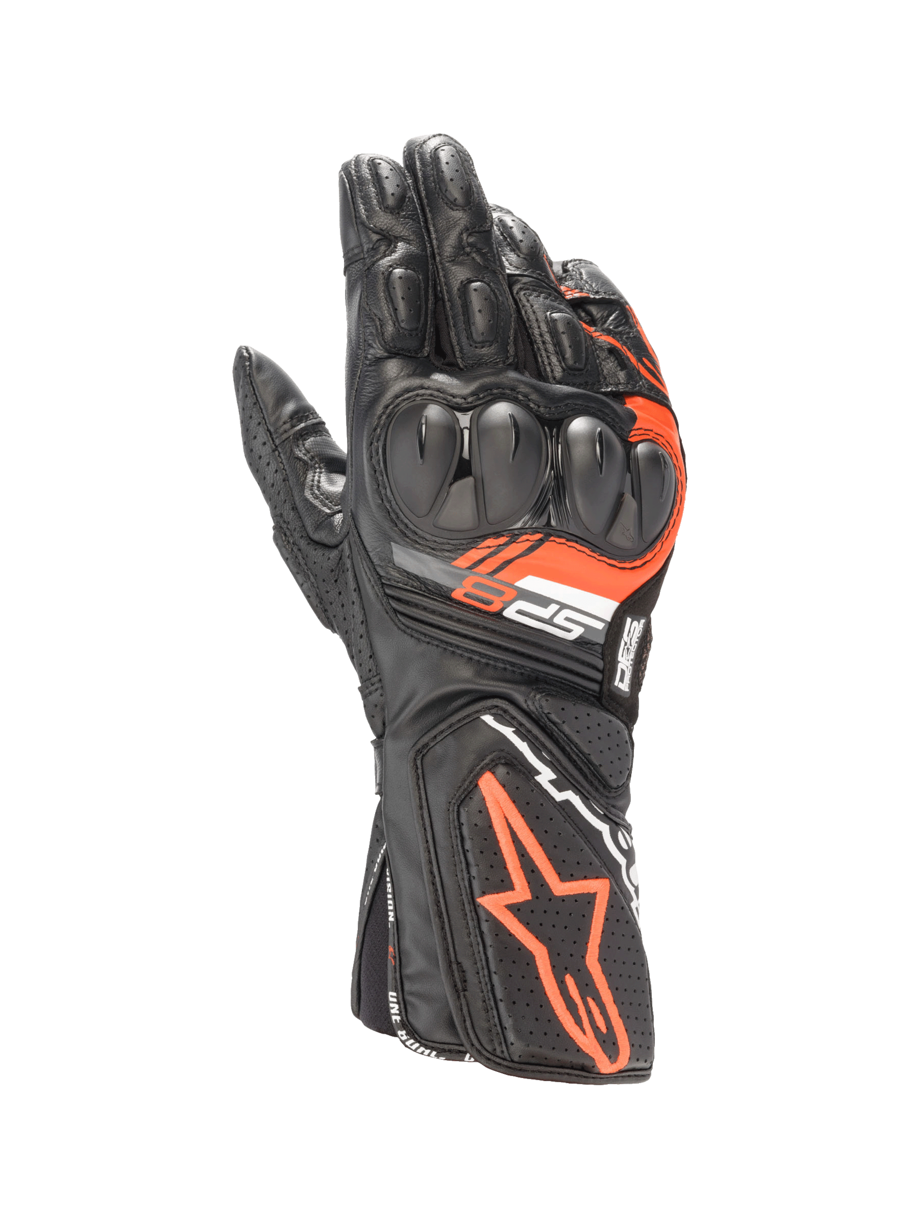 Alpinestars Guanti SP-8 V3, guanti da moto racing da uomo, neri e rosso fluo, in pelle con protezione nocche a doppia densità, certificati CE
