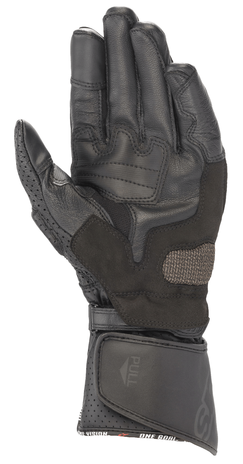 Guanti in pelle Alpinestars SP-8 V3, Nero, vista del palmo con inserti grip rinforzati, pollice traforato e chiusura del polsino a strappo regolabile, protezione per competizioni motociclistiche ad alte prestazioni