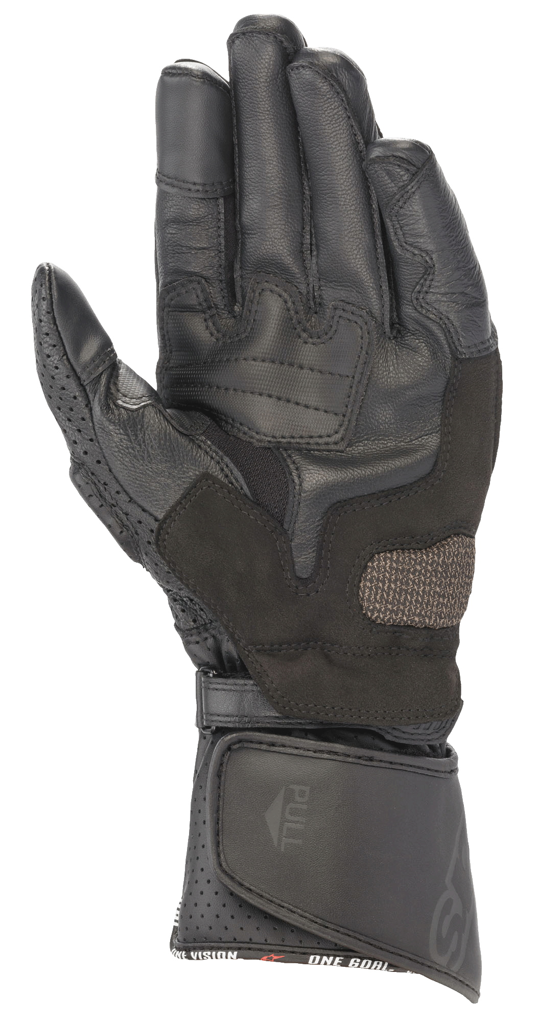 Guanti in pelle Alpinestars SP-8 V3, Nero, vista del palmo con inserti grip rinforzati, pollice traforato e chiusura del polsino a strappo regolabile, protezione per competizioni motociclistiche ad alte prestazioni
