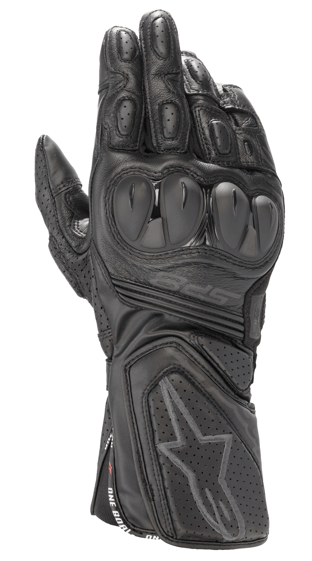 Guanti Alpinestars SP-8 V3, guanti da moto racing in pelle nera, total black, con protezione nocche a doppia densità, pannelli in pelle traforata e polsino sicuro con logo a stella in rilievo e marchio SP-8