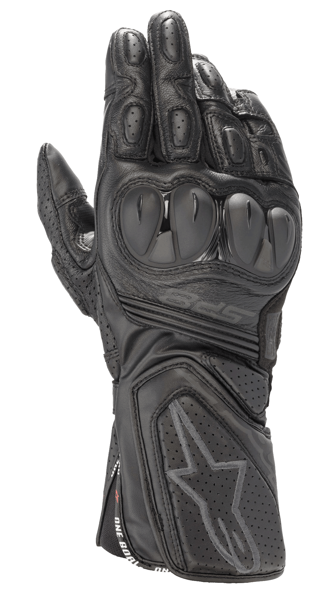 Guanti Alpinestars SP-8 V3, guanti da moto racing in pelle nera, total black, con protezione nocche a doppia densità, pannelli in pelle traforata e polsino sicuro con logo a stella in rilievo e marchio SP-8