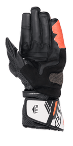Guanti Alpinestars SP-8 V3, guanti da corsa per moto, nero, bianco e rosso fluo, vista del palmo con inserti grip testurizzati e palmo rinforzato, chiusura del polsino a strappo con cinturino 'SAFE RETENTION' e linguetta 'PULL' bianca, dettagli in pelle traforata
