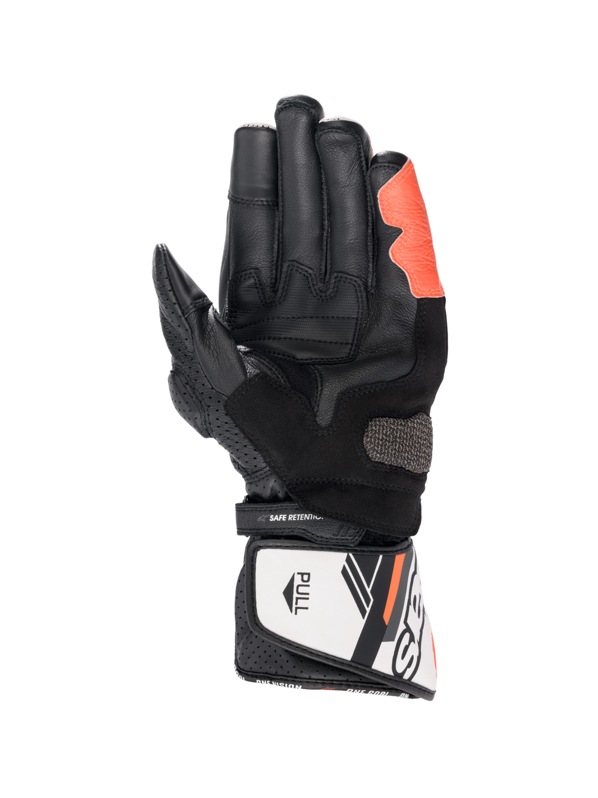 Guanti Alpinestars SP-8 V3, guanti da moto racing uomo, neri, bianchi e rossi fluo, in pelle con slider Arshield, vista del palmo, certificati CE
