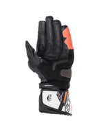 Guanti Alpinestars SP-8 V3, guanti da moto racing uomo, neri, bianchi e rossi fluo, in pelle con slider Arshield, vista del palmo, certificati CE