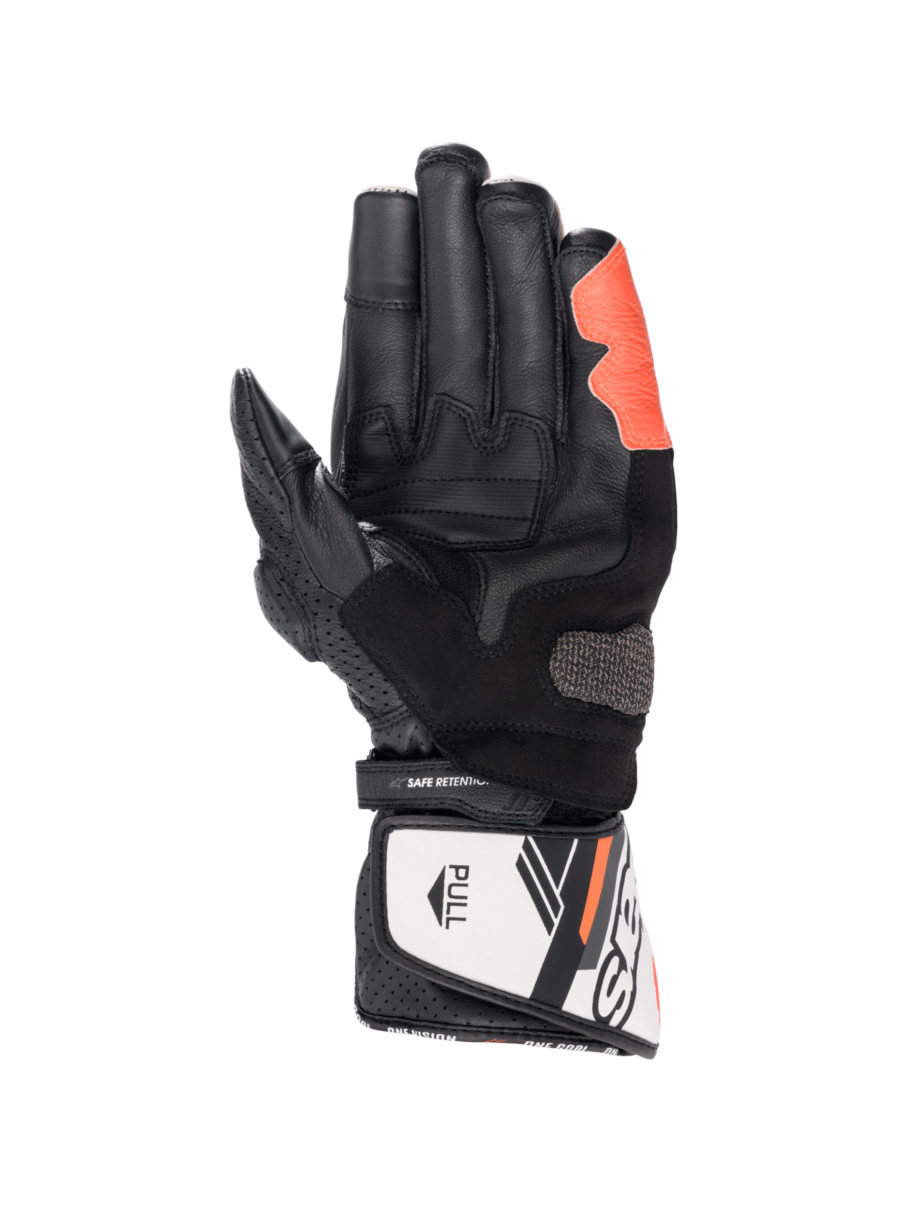 Guanti Alpinestars SP-8 V3, guanti da moto racing uomo, neri, bianchi e rossi fluo, in pelle con slider Arshield, vista del palmo, certificati CE