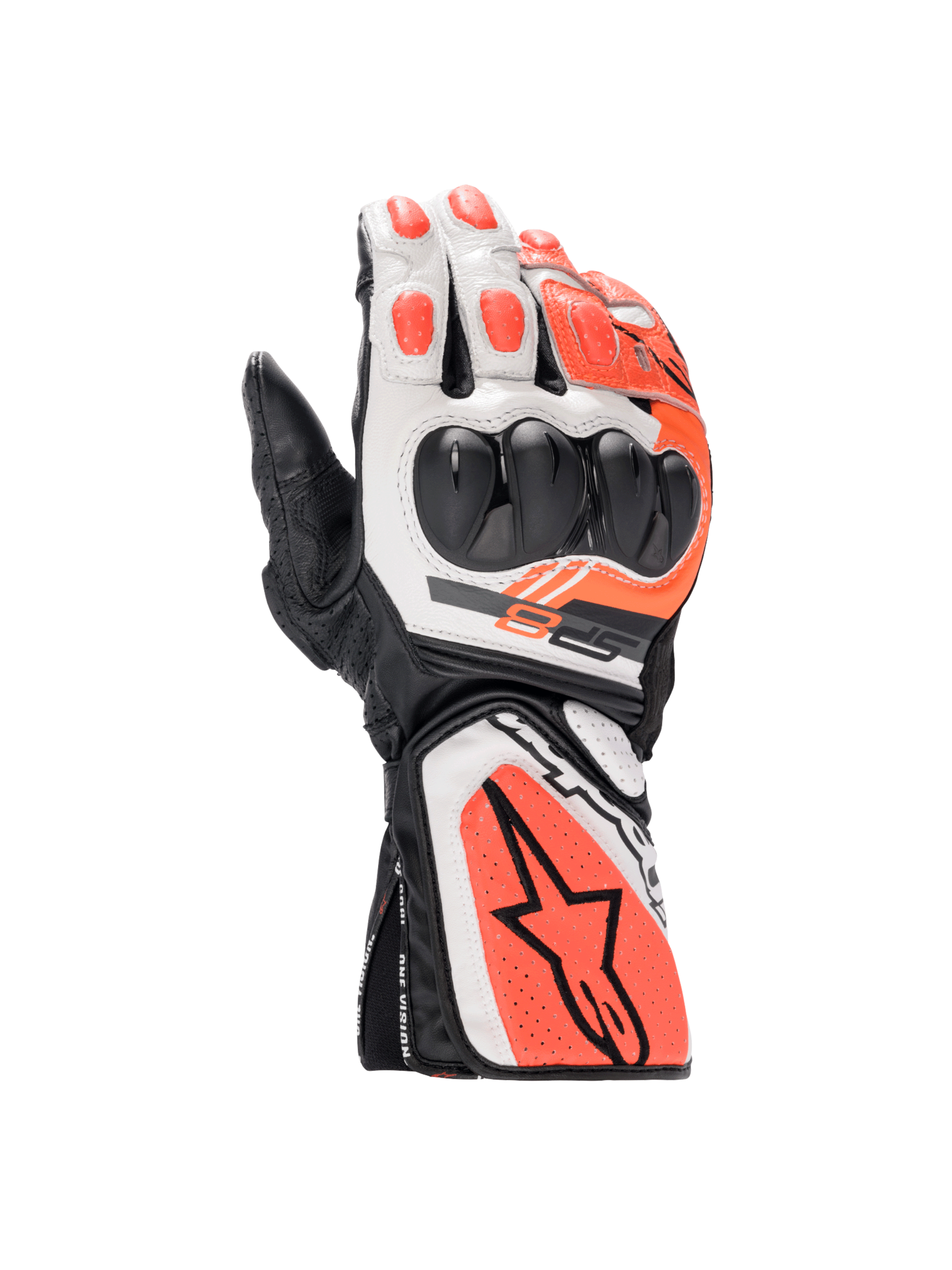 Alpinestars Guanti SP-8 V3, guanti da moto racing da uomo in pelle, nero, bianco e rosso fluo, certificati CE