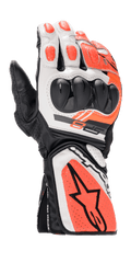 Alpinestars SP-8 V3, guanti da moto racing, nero, bianco e rosso fluo, con protezione nocche rigida a doppia densità, pannelli in pelle traforata, polsino lungo con grande logo Alpinestars e design sportivo ergonomico