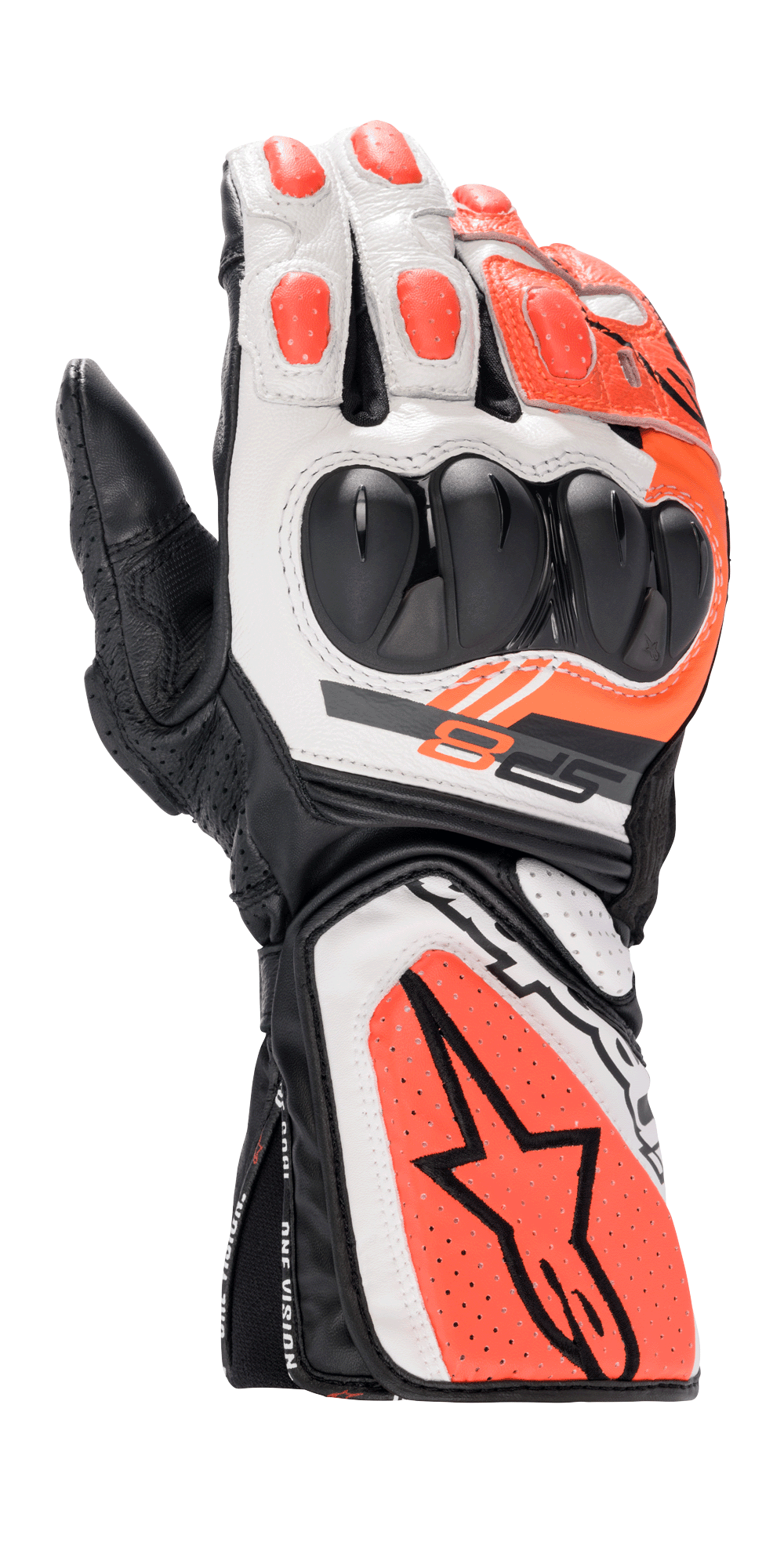 Alpinestars SP-8 V3, guanti da moto racing, nero, bianco e rosso fluo, con protezione nocche rigida a doppia densità, pannelli in pelle traforata, polsino lungo con grande logo Alpinestars e design sportivo ergonomico