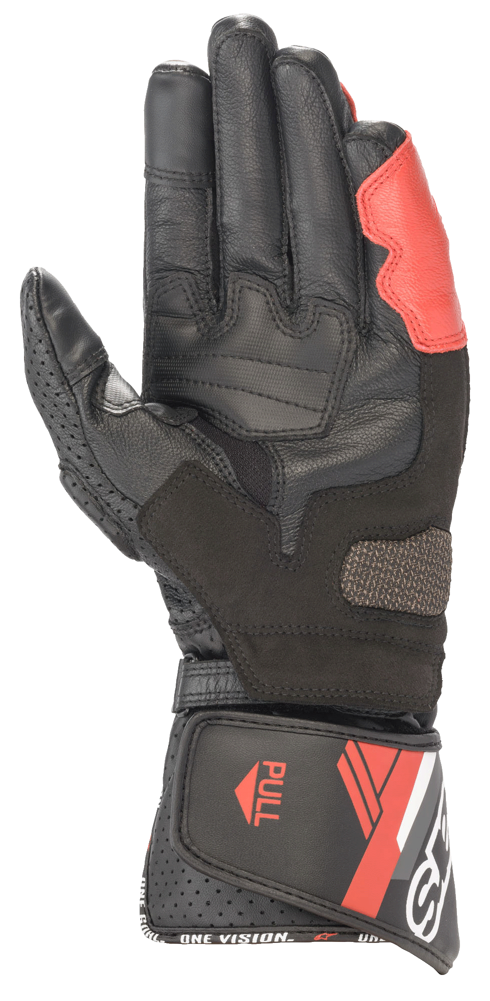Guanti in pelle Alpinestars SP-8 V3, nero, bianco e rosso brillante, vista del palmo con struttura in pelle rinforzata, inserti imbottiti per il grip e polsino lungo con chiusura a strappo e marchio 'ONE VISION'
